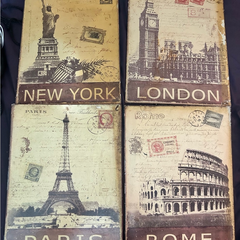 Vintage metal Wall Art Set - New York, London, Paris, Rome